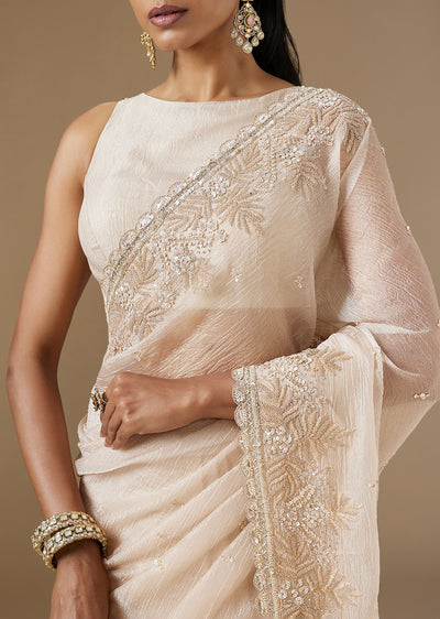 Ivory Tissue Saree With Cut Dana And Sequin Embroidered Border
