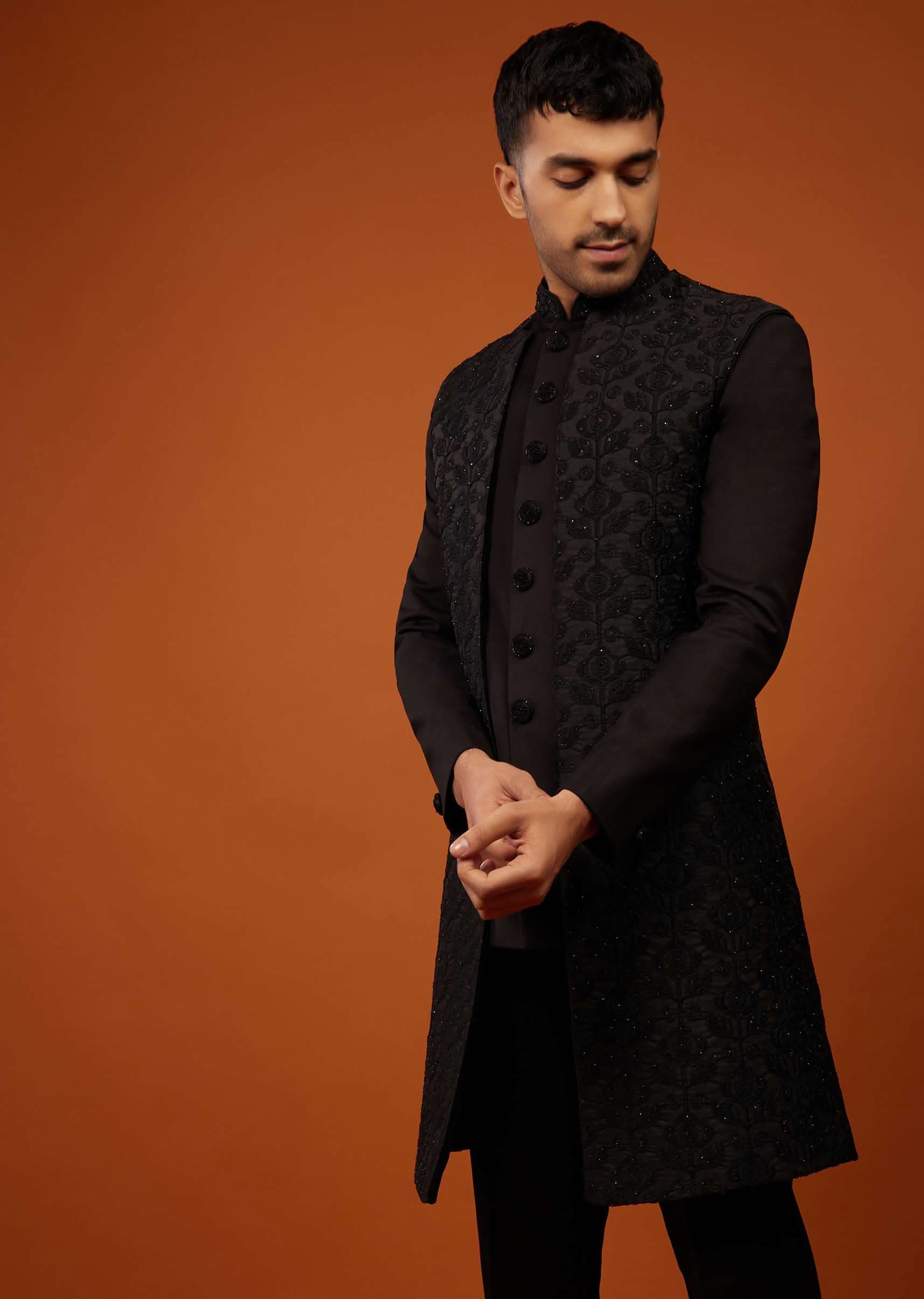 Buy Jet Black Sherwani Set Embroidered In Imported Suiting Fabric
