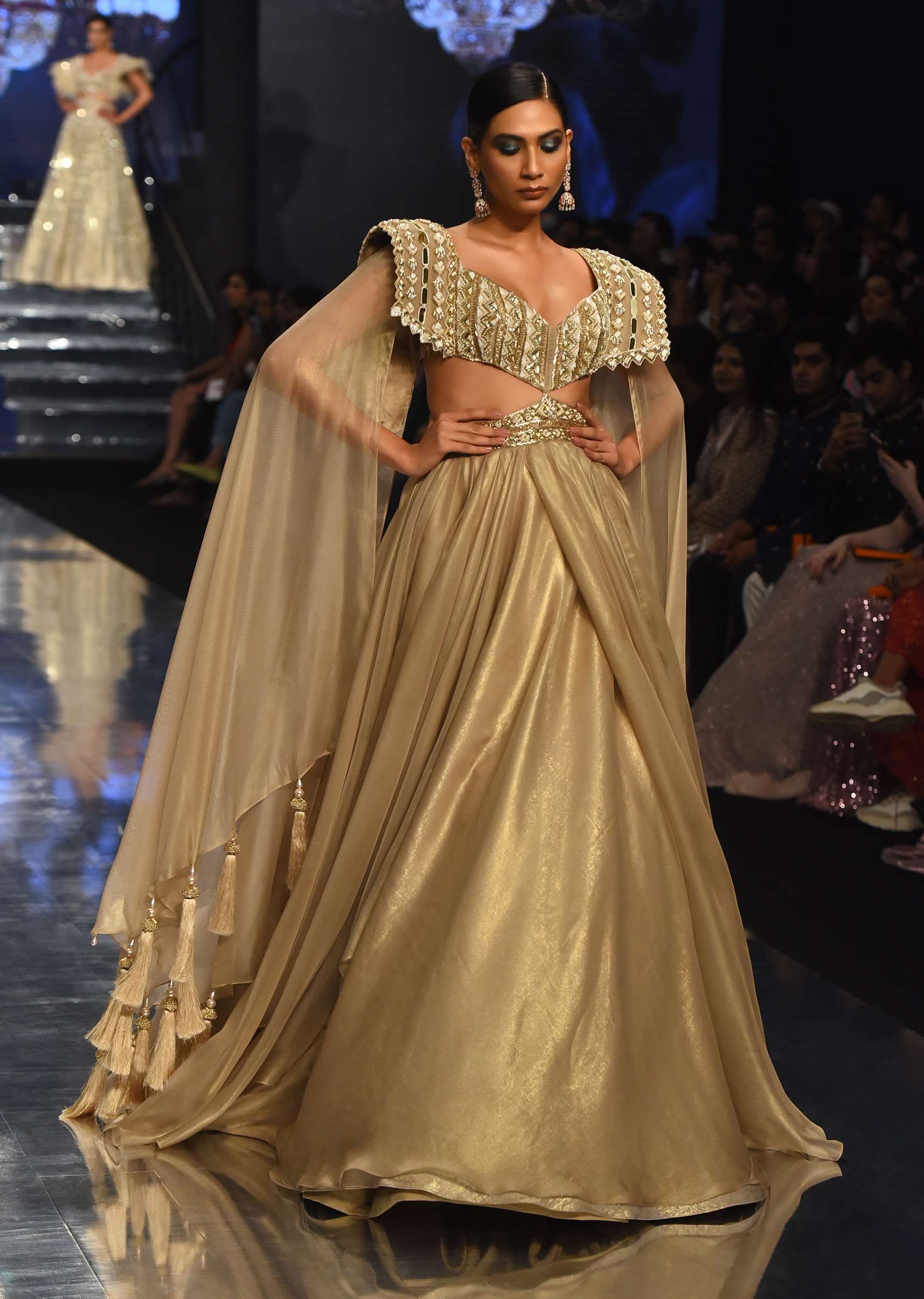 Buy Champagne Gold Akasia Gown With Tassel Wing Cape Sleeves