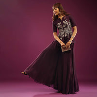 Grape Purple Palazzo Peplum Top In Silk & Organza With Embroidery