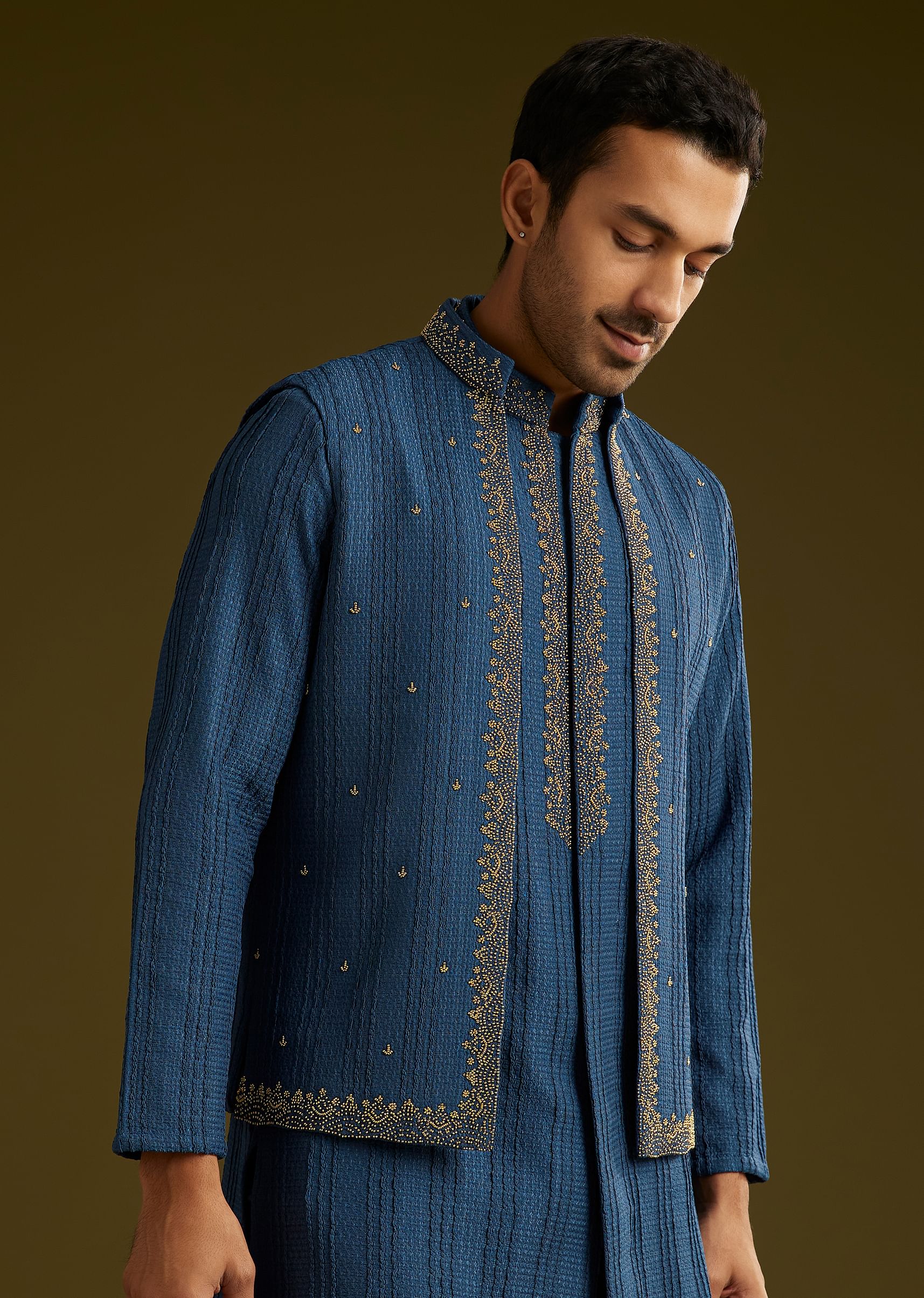 Buy Knit Kurta Jacket Set With Moti Work In Navy Blue| KALKI