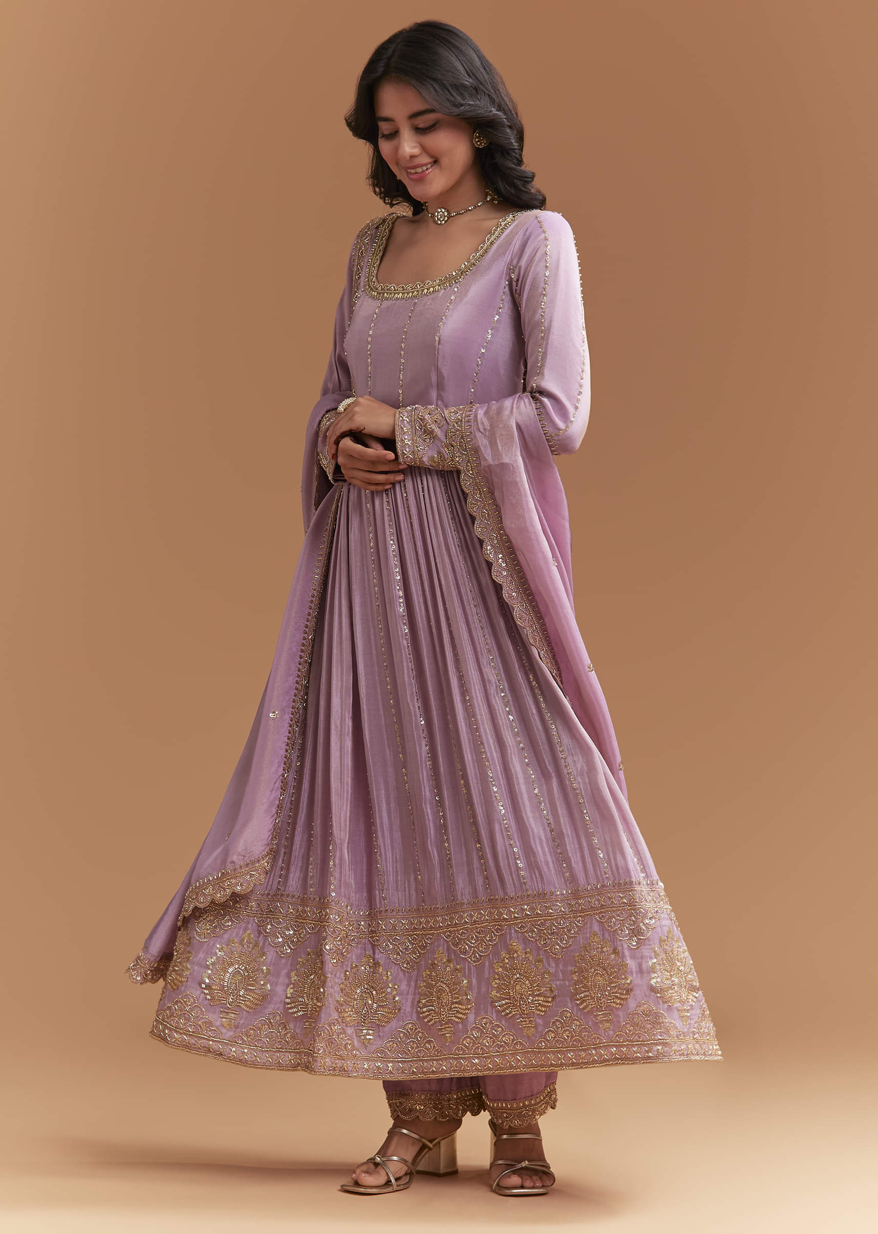 Buy Lavender Tissue Anarkali Suit With Sequins And Beads Work