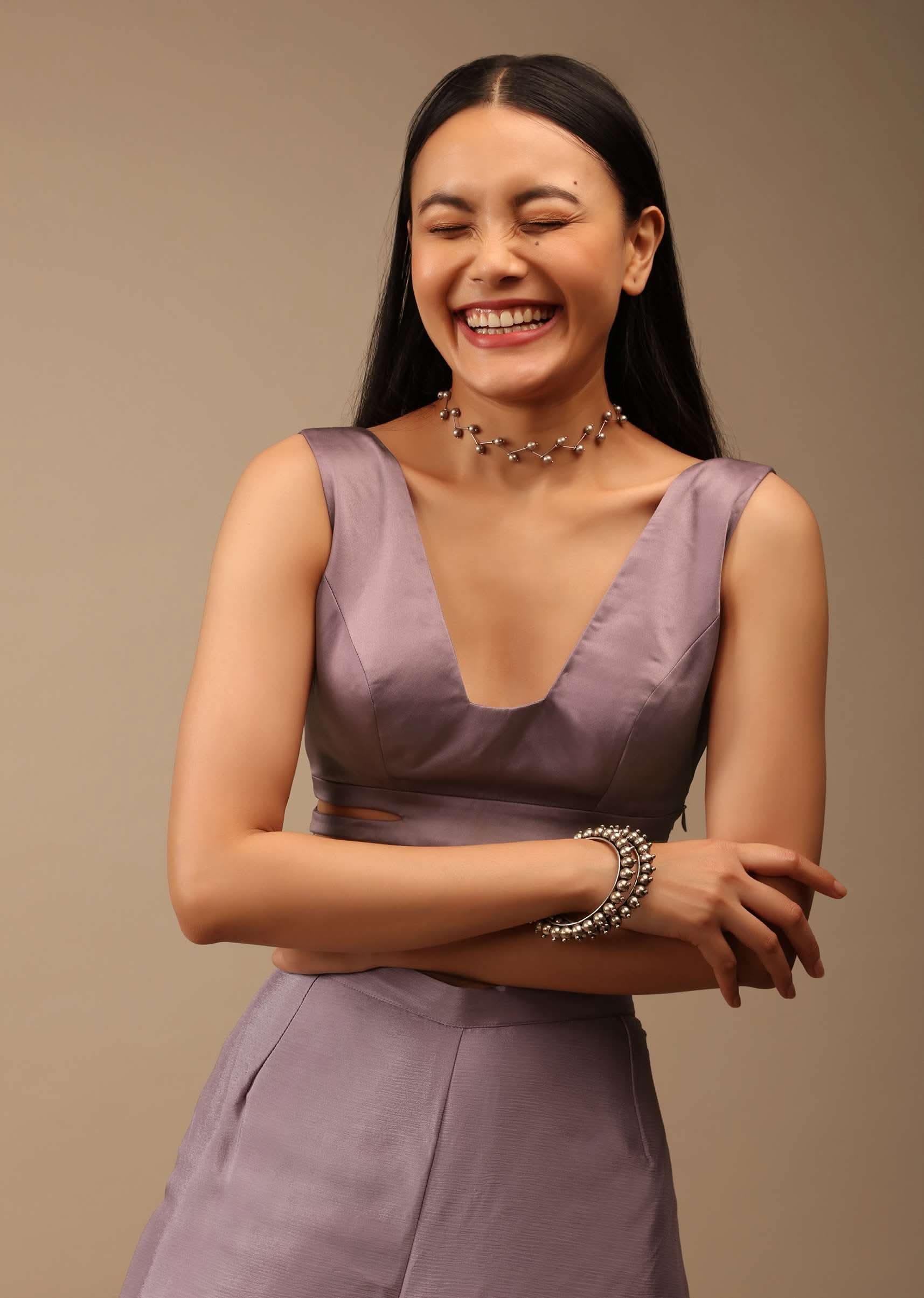 Buy Lavender Ash Sleeveless Blouse In Satin With A Plunging