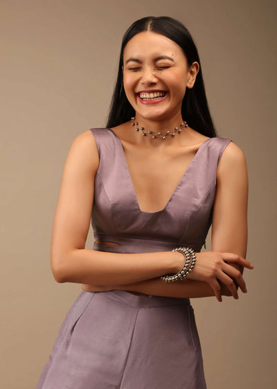 lavender ash sleeveless blouse in satin with a plunging geo-m001blra12y-sg92699 1