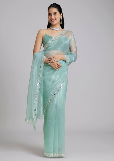 Light Blue Tissue Saree Wirh Mirror Cutdana And Stone Work