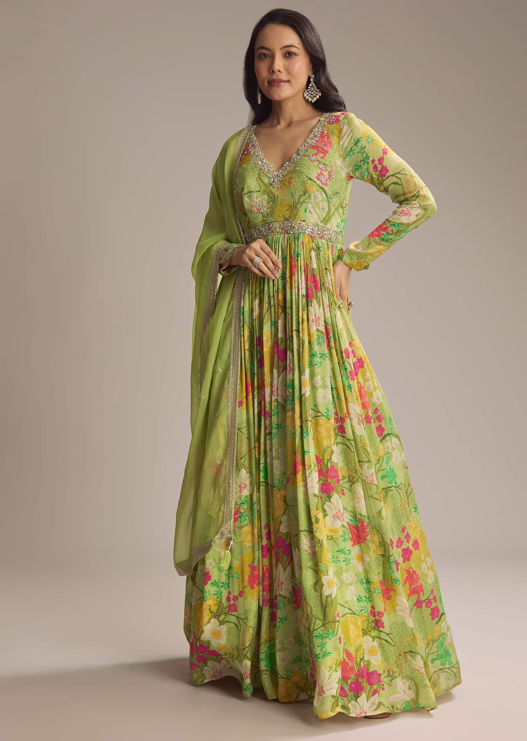 slim fit dress slacks Bottle Green Embroidered Anarkali – Lakhina Couture main image 1