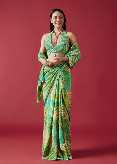 Light Green Printed Crepe Silk Saree With Mirror Border