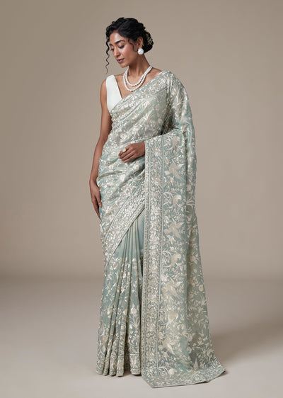 Lime Green Chanderi Saree With Resham Embroidered Jaal Work