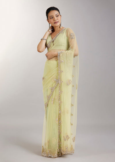 Lime Green Embellished Net Saree