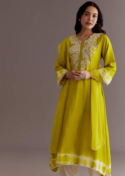 Lime Green Silk Kurta Dupatta Set With Moti Work