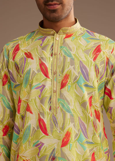 lime-green-silk-leaf-printed-kurta-set-sg306856-1