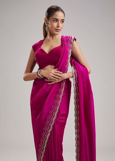 Magenta Plain Silk Saree With Embellished Border