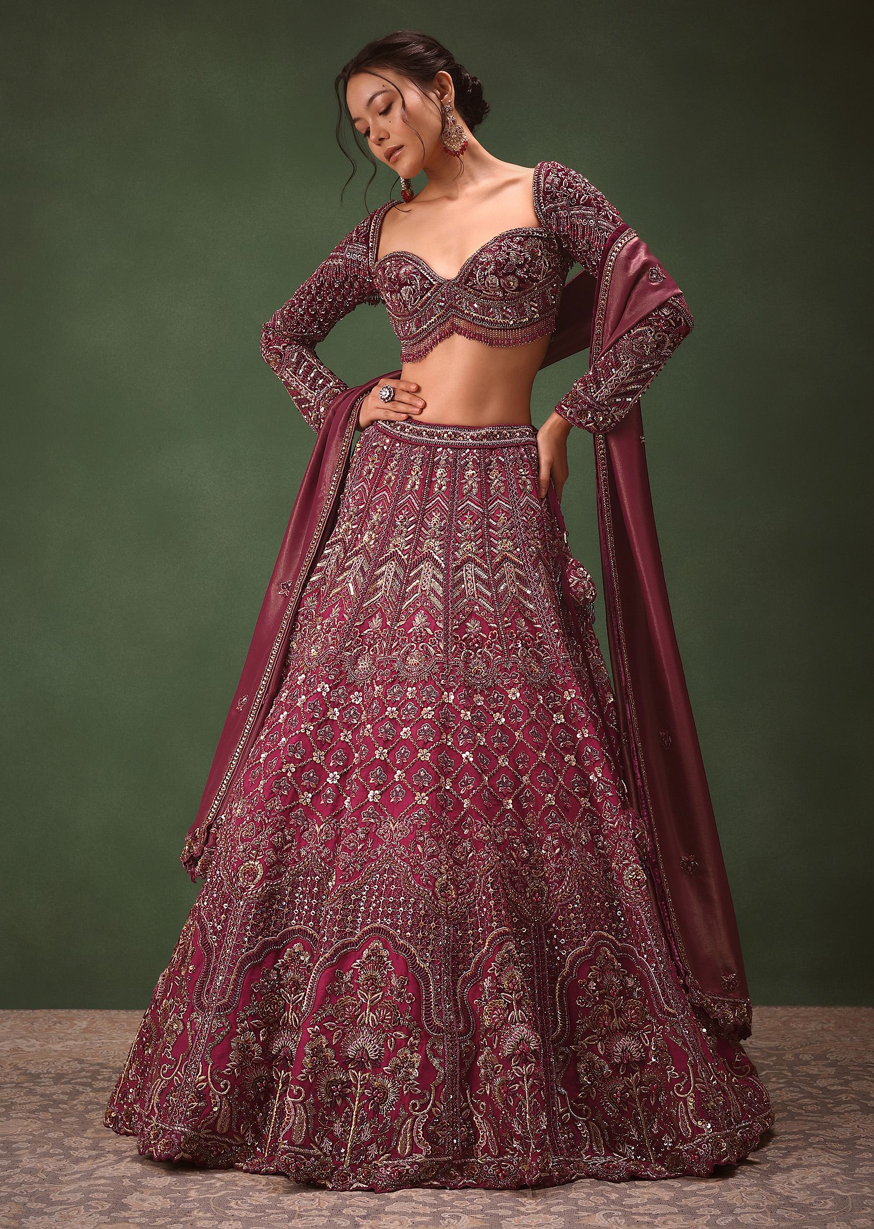 Magenta Raw Silk Hand Embroidered 10 Kali Lehenga KALKI Fashion