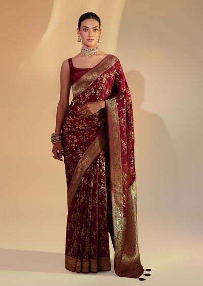Maroon Dola Silk Zari Jaal Woven Saree
