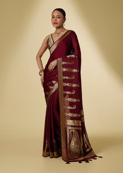 Maroon Satin Saree With Gold Zari Paisley Woven Pallu