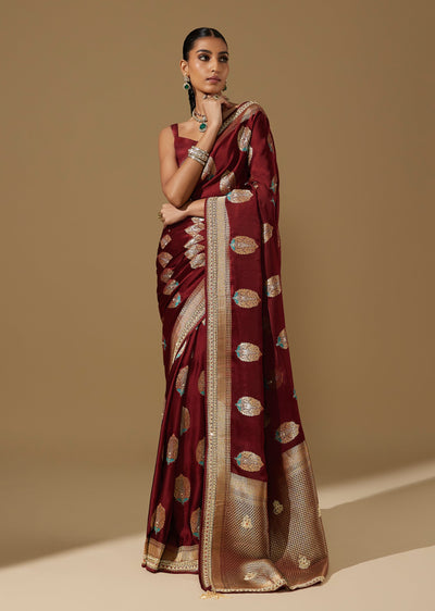 Maroon Satin Saree with Zardozi Border, Pallu and Butti Work