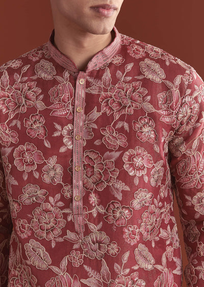 maroon-silk-kurta-set-for-men-with-floral-thread-work-sg356810-2