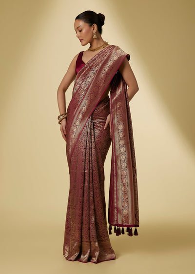 Maroon Tissue Geometric Zari Woven Saree