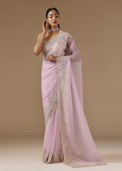 Mauve Crush Tissue Saree With Cut Dana And Sequin Embroidered Border