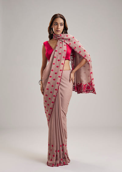 Mauve Georgette Kashmiri Hand Embroidered Saree