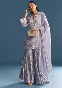 Mauve Muslin Floral Print Kurta Sharara Suit With Moti Cutdana Work
