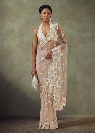 Mauve Net Saree With All Over Sequin Jaal And Embellished Pallu