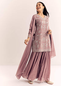 Mauve Pink Chinon Kurta Palazzo Set With Moti Work