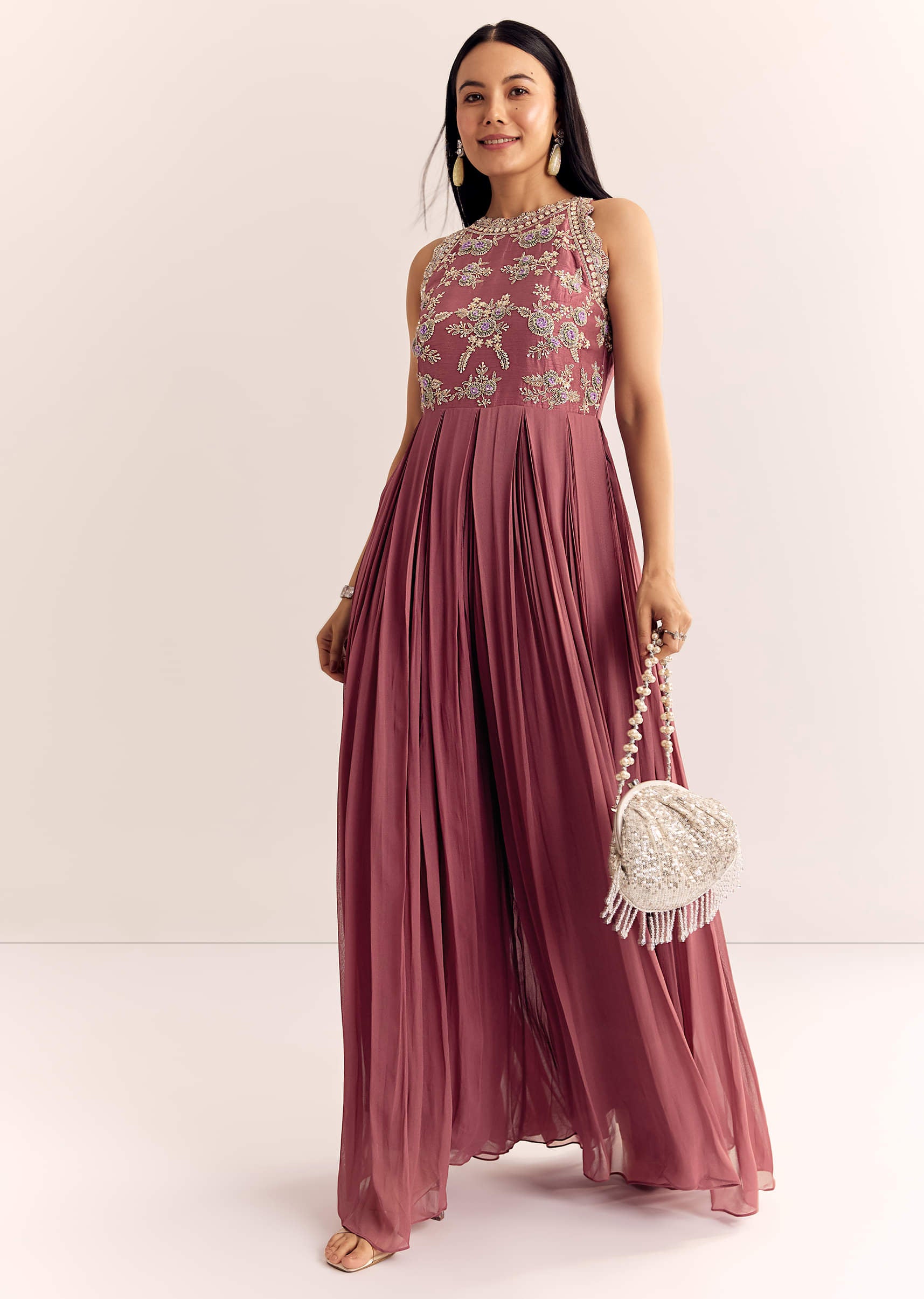 Buy Mauve Pink Georgette Jumpsuit With Cutdana Beads And