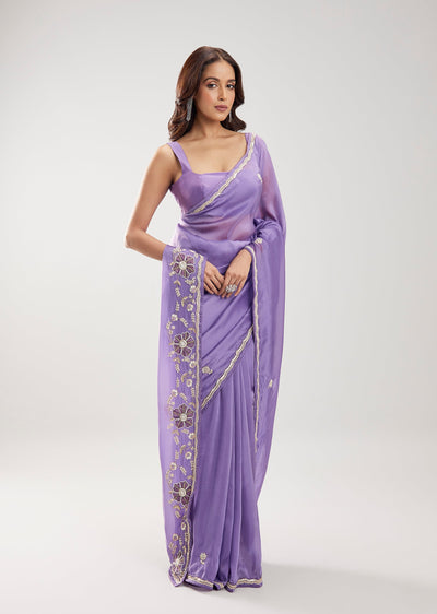 Mauve Silk Saree With Cut Dana And Sequin Embellished Border