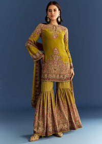 Mehendi Green Crepe Printed Kurta With Printed Sharara And Chinon Dupatta