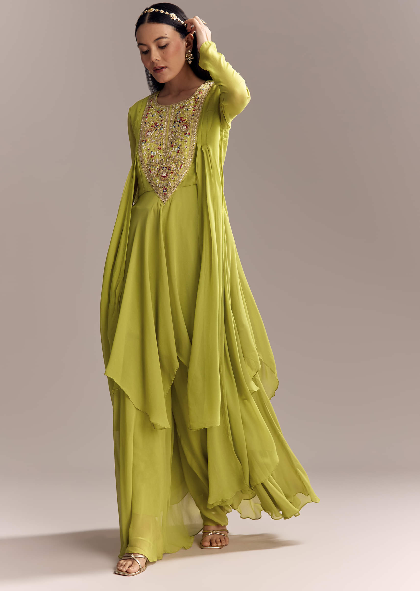 Buy Mehendi Green Georgette Indo Western Kurta And Palazzo Set