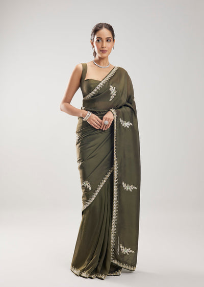 Mehendi Green Silk Saree With Cut Dana And Sequin Butti Work