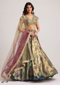 Mehendi Green Floral Printed Satin Lehenga Set