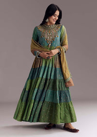 Multi Color Printed Chanderi Anarkali With Stitch Work