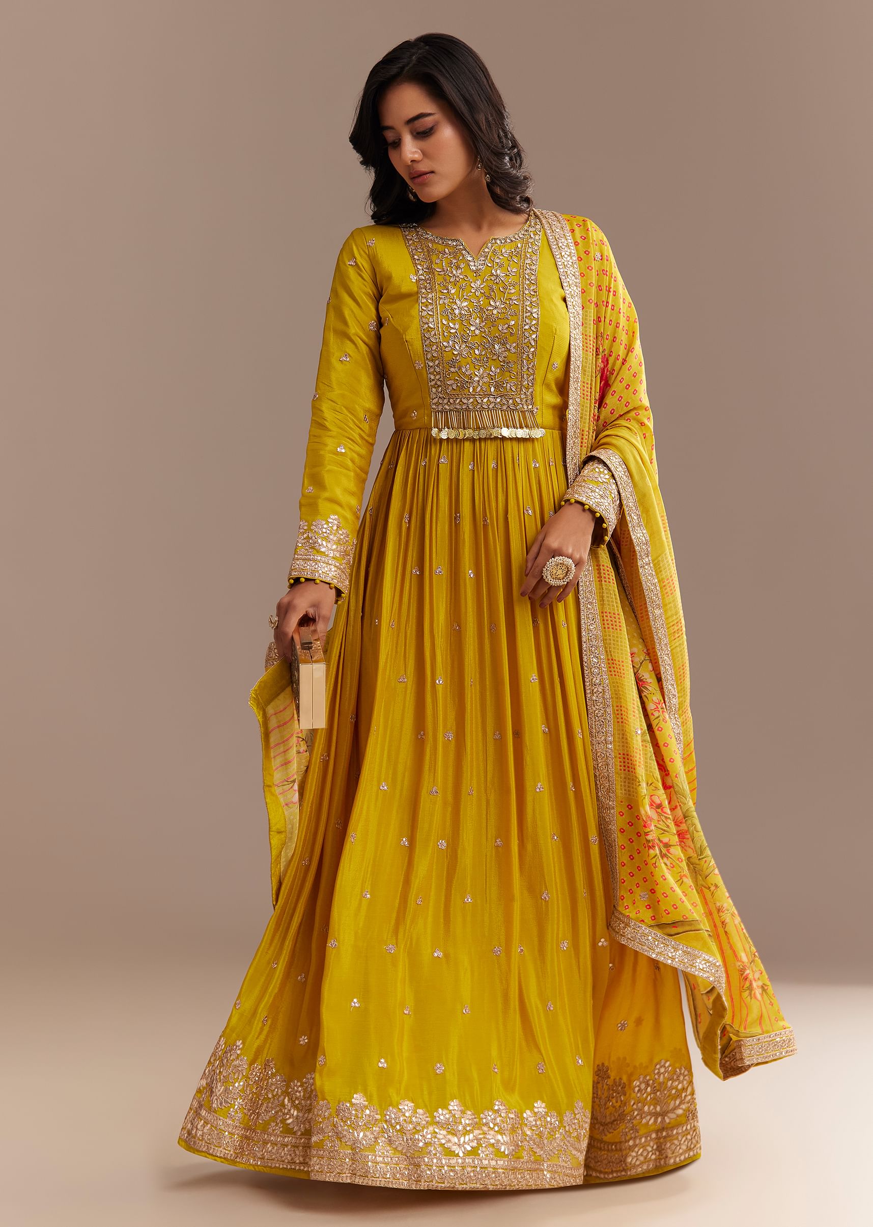Mustard Yellow Chiffon Zardosi Anarkali Set| KALKI Fashion India