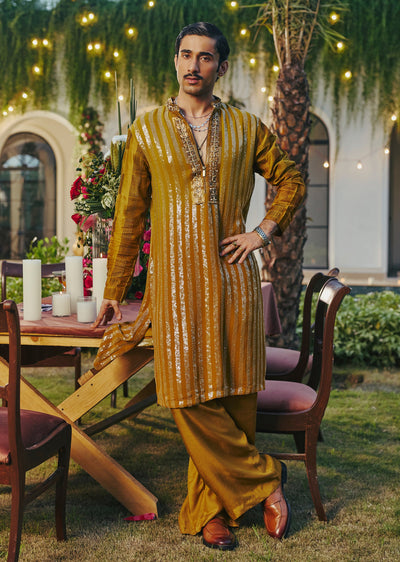 Mustard Yellow Georgette Kurta Set With Sequin Stripes