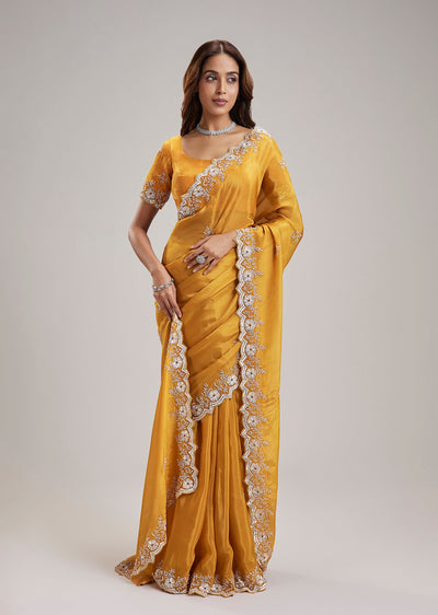 Mustard Yellow Organza Saree With Cut Dana And Sequin Embellished Border