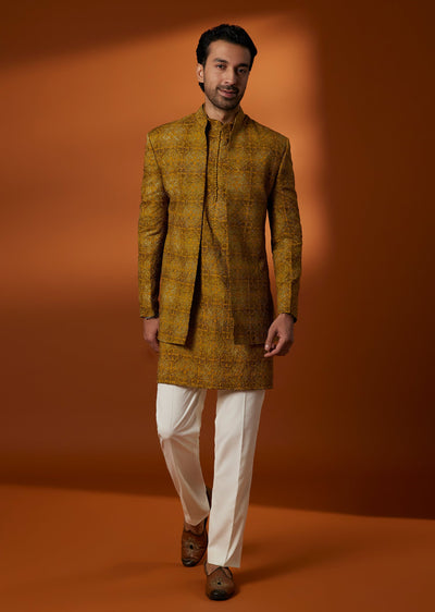 Mustard Yellow Polyester Floral Kurta Jacket Set