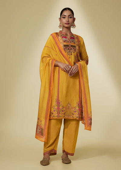 Mustard Yellow Silk Floral Kurta Set With Organza Dupatta