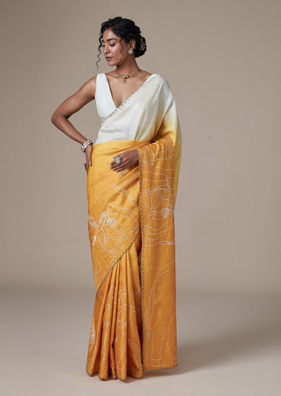 Mustard Yellow Tussar Ombre Saree With Resham Embroidered Motifs