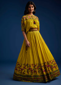 Mustard Silk Blend Crop Top And Skirt With Resham Work