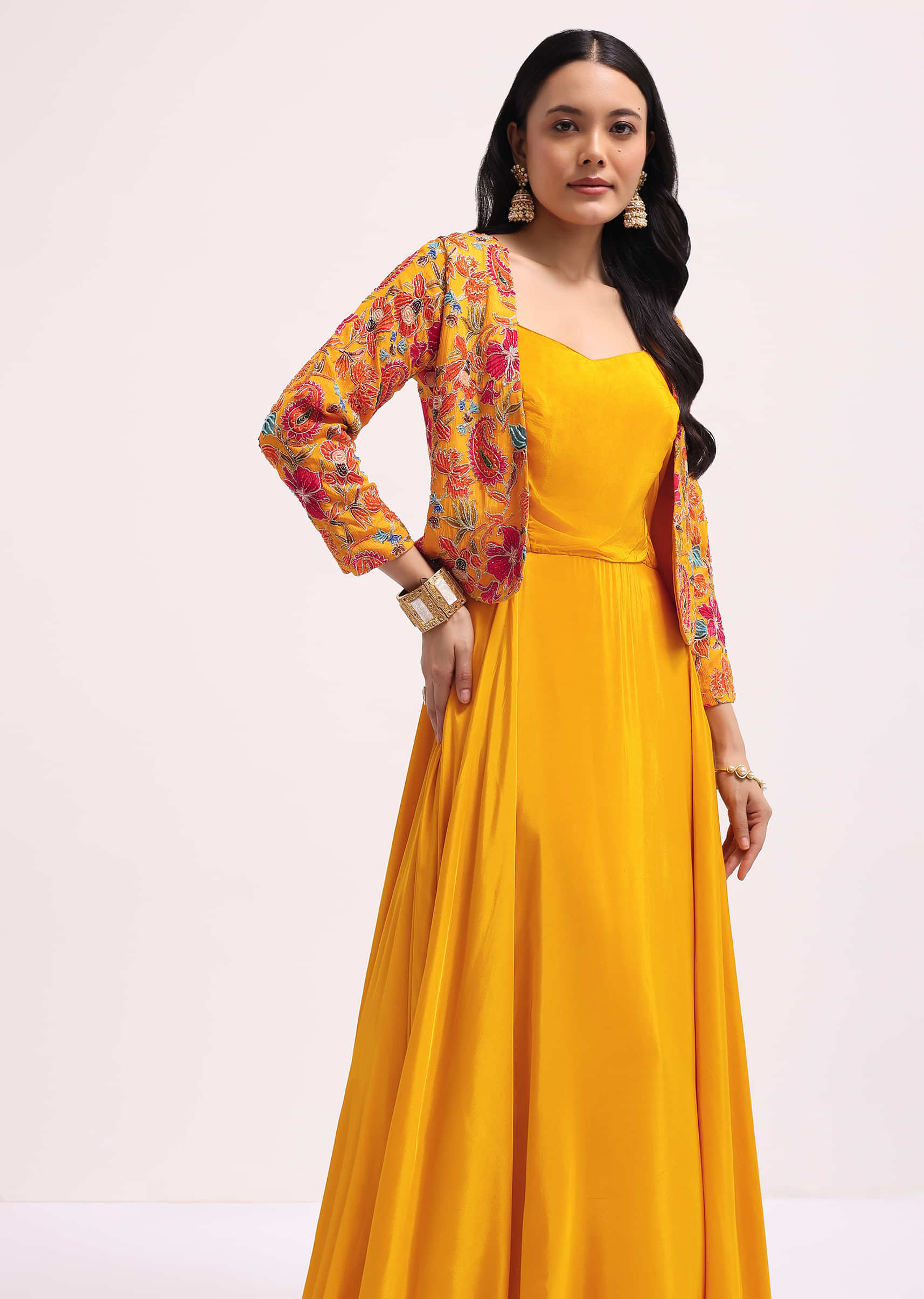 Buy Mustard Yellow Embroidered Silk Gown With Jacket