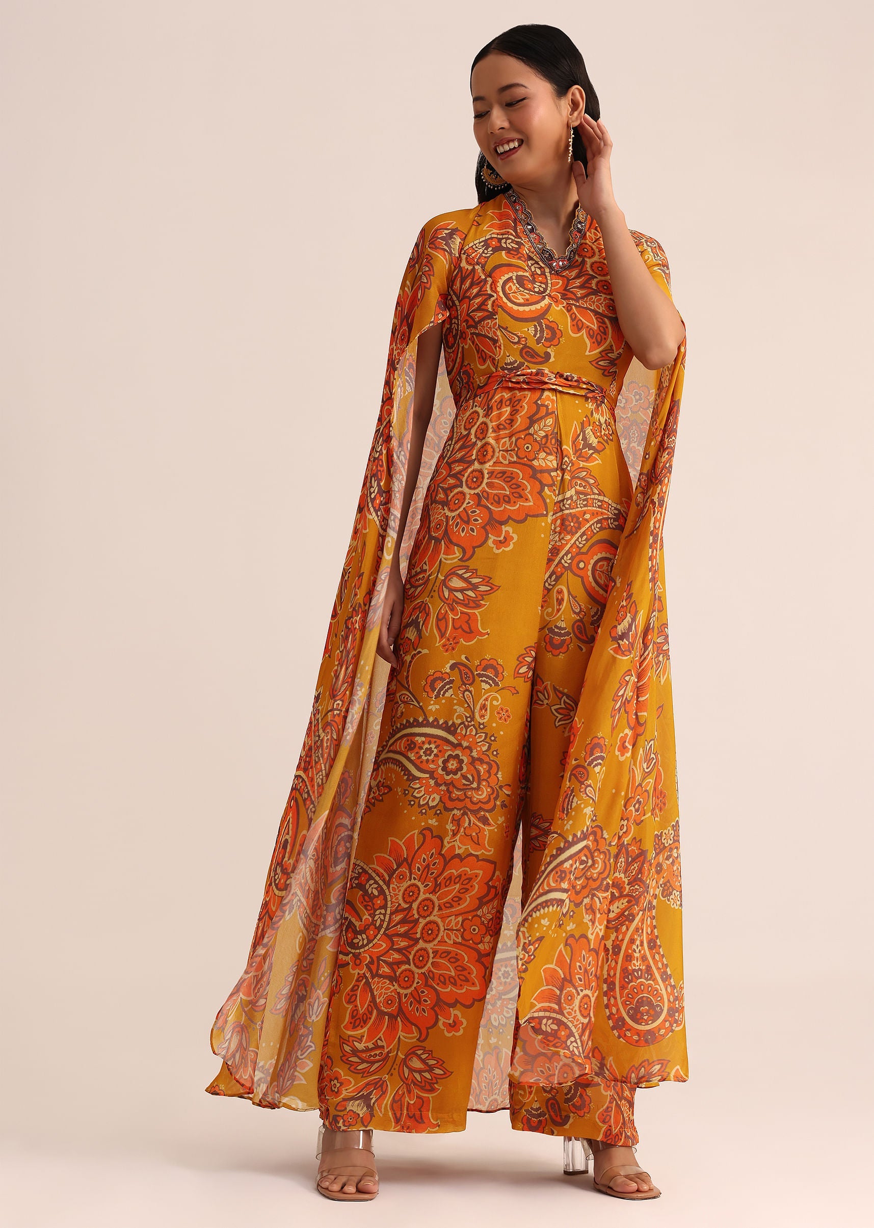 Mustard Yellow Printed Chiffon Jumpsuit - Main Image