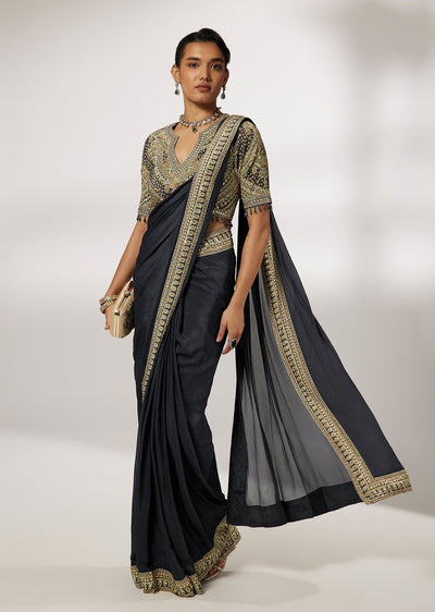 Navy Blue Chinon Ready Pleated Saree With Sequined Blouse