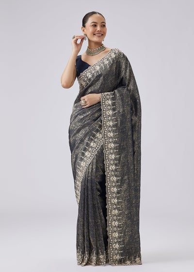 Navy Blue Dola Silk Brocade Saree With Zari Embroidery