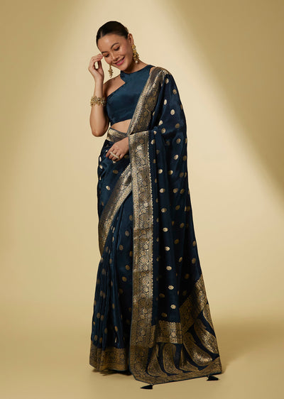 Navy Blue Dola Silk Saree With Woven Zari Butti Embroidered Border