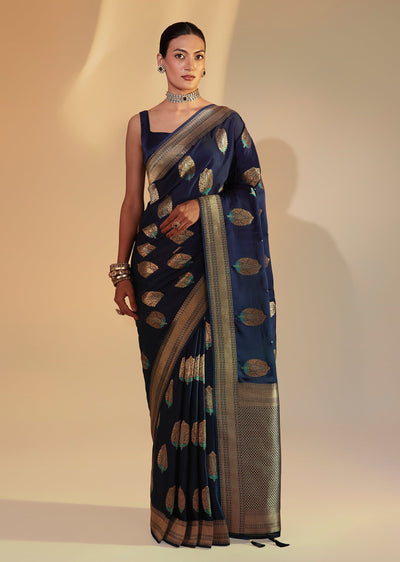 Navy Blue Dola Silk Saree With Zari Woven Butti Work