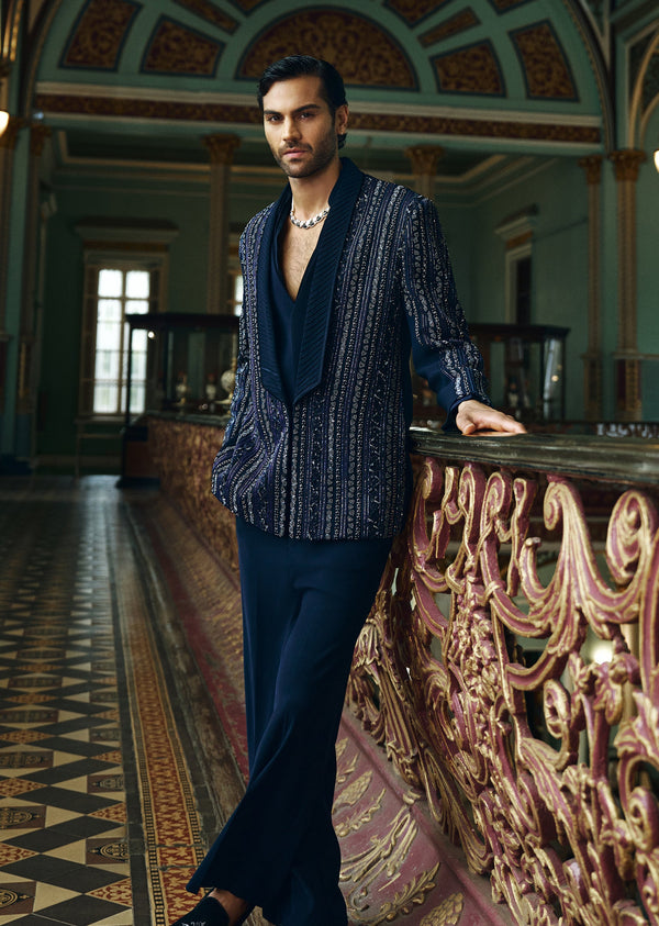 Navy Blue Embellished Jacket Set