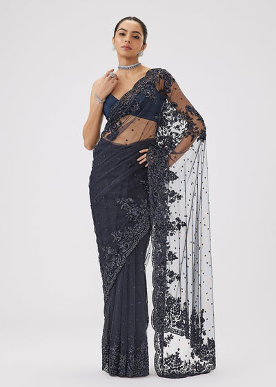 Navy Blue Net Saree With Sequin Butti And Floral Border Embroidery