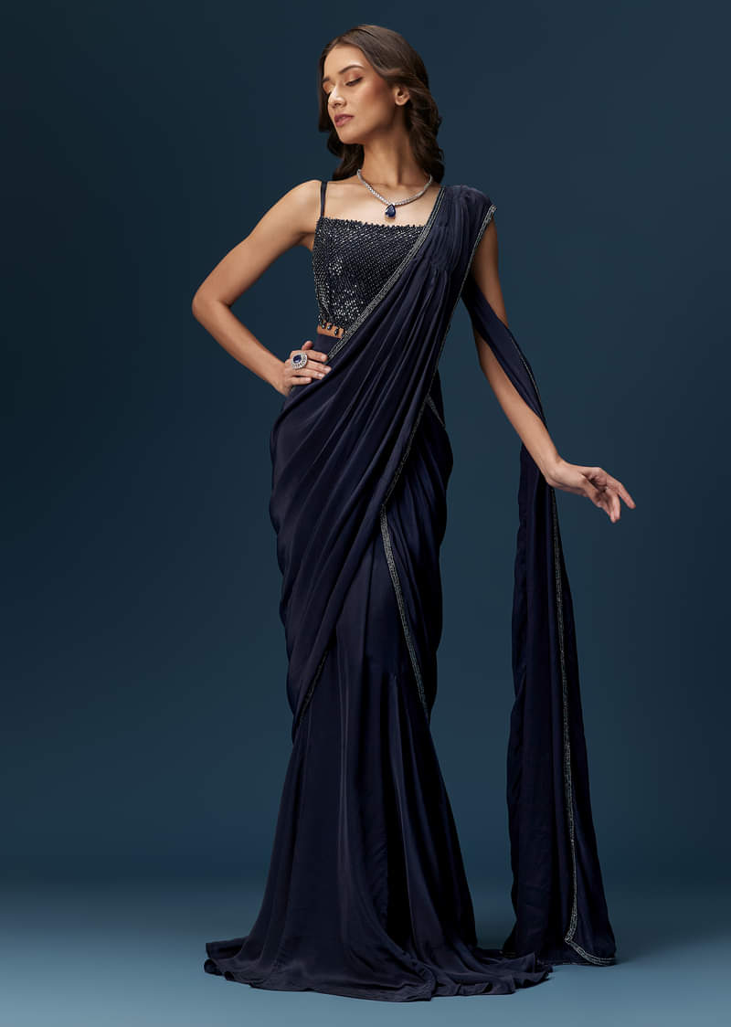 Buy Navy Blue Pre Draped Saree With Embroidered Blouse | KALKI Fashion India